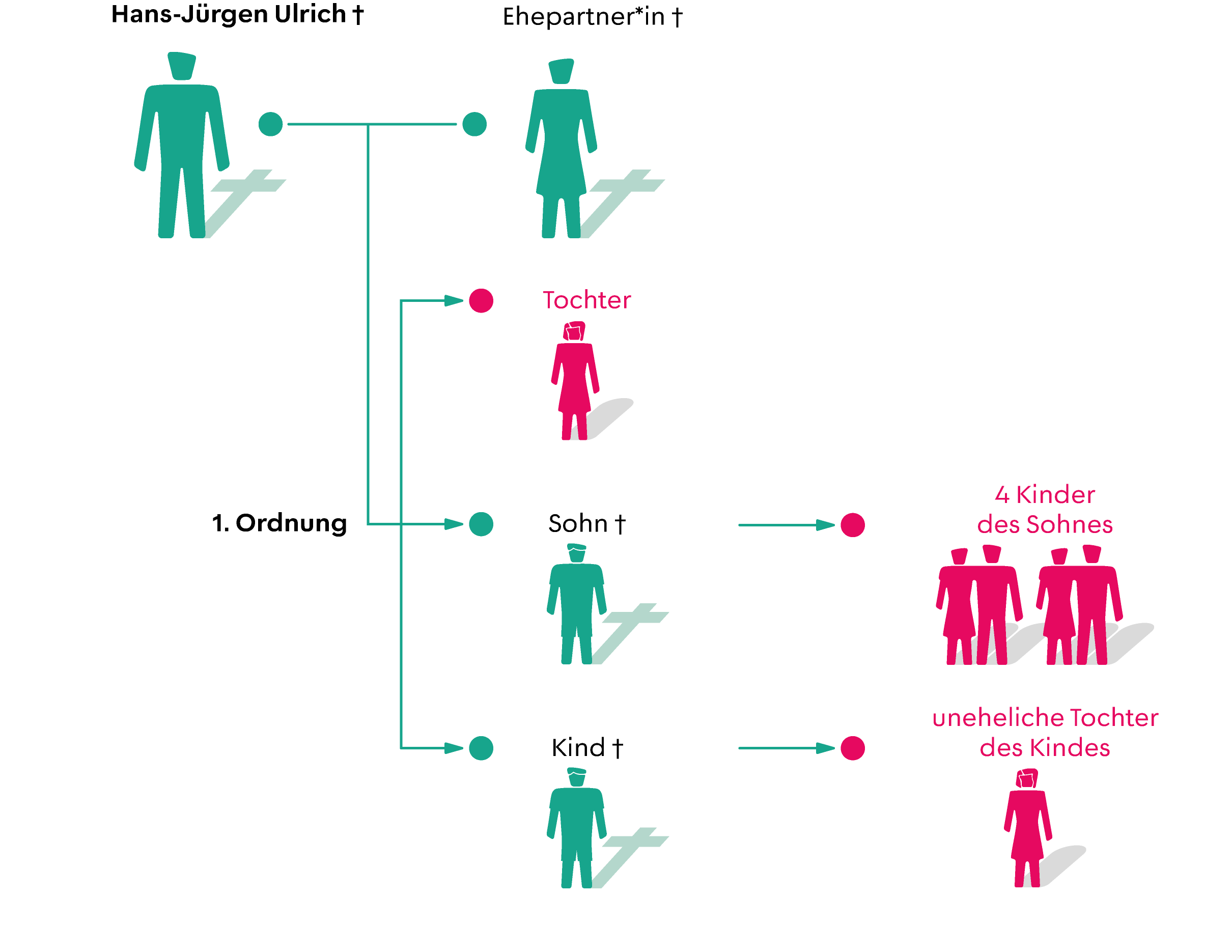 Grafik zum Beispiel der Erbberechtigten 1. Ordnung laut gesetzlicher Erbfolge